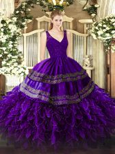  Purple V-neck Backless Beading and Lace and Ruffles Ball Gown Prom Dress Sleeveless