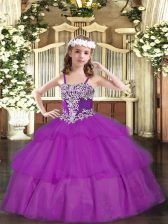  Fuchsia Ball Gowns Straps Sleeveless Organza Floor Length Lace Up Appliques and Ruffled Layers Little Girls Pageant Dress Wholesale