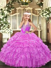  Lilac Ball Gowns V-neck Sleeveless Organza Floor Length Lace Up Beading and Ruffled Layers and Pick Ups Little Girl Pageant Gowns