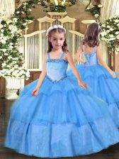  Floor Length Lace Up Little Girl Pageant Gowns Baby Blue for Party and Quinceanera with Appliques