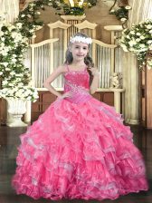Inexpensive Floor Length Hot Pink Little Girls Pageant Gowns Organza Sleeveless Beading and Ruffled Layers