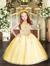 Most Popular Gold Ball Gowns Scoop Sleeveless Tulle Floor Length Zipper Beading and Appliques Little Girl Pageant Gowns