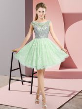 Charming Apple Green Lace Backless Scoop Cap Sleeves Mini Length Prom Dress Beading