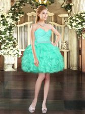  Sweetheart Sleeveless Prom Dresses Mini Length Beading and Lace and Ruffles Aqua Blue Organza