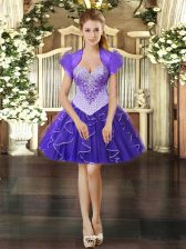 Fashionable Purple Ball Gowns Sweetheart Sleeveless Organza Mini Length Lace Up Beading and Ruffles Prom Evening Gown