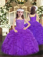 Best Floor Length Purple Evening Gowns Straps Sleeveless Lace Up