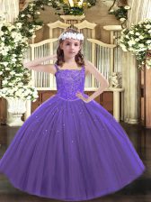 Luxurious Sleeveless Tulle Floor Length Lace Up Little Girls Pageant Dress in Purple with Beading