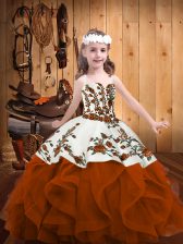 Elegant Floor Length Rust Red Girls Pageant Dresses Organza Sleeveless Embroidery and Ruffles
