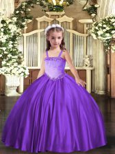  Lavender Ball Gowns Appliques Pageant Gowns For Girls Lace Up Satin Sleeveless Floor Length
