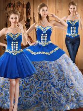 Exquisite Multi-color Satin and Fabric With Rolling Flowers Lace Up Quinceanera Gowns Sleeveless With Train Sweep Train Embroidery