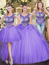 Graceful Lavender Ball Gowns Beading and Ruffles Sweet 16 Dresses Lace Up Tulle Sleeveless Floor Length