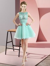 Flare Apple Green Sleeveless Mini Length Beading and Bowknot Zipper Prom Party Dress