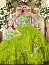 Custom Designed Beading and Ruffles Quinceanera Dress Olive Green Lace Up Sleeveless Floor Length