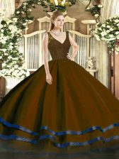  Brown Sweet 16 Dresses Military Ball and Sweet 16 and Quinceanera with Beading and Lace and Ruffled Layers V-neck Sleeveless Backless