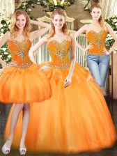 Glamorous Orange Red Ball Gown Prom Dress Military Ball and Sweet 16 and Quinceanera with Beading and Ruffles Sweetheart Sleeveless Lace Up