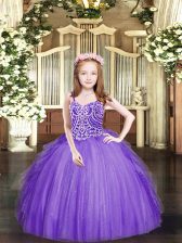 Latest Lavender Ball Gowns Beading and Ruffles Pageant Dresses Lace Up Tulle Sleeveless Floor Length