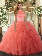 Designer Sleeveless Floor Length Beading and Ruffles Backless 15th Birthday Dress with Orange Red