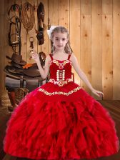  Red Straps Lace Up Embroidery and Ruffles Little Girls Pageant Dress Sleeveless