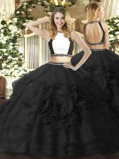 Romantic Halter Top Sleeveless Zipper Quinceanera Gowns Black Tulle