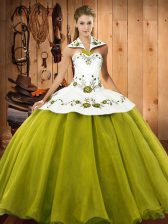 Graceful Olive Green Ball Gowns Halter Top Sleeveless Satin and Tulle Floor Length Lace Up Embroidery 15th Birthday Dress