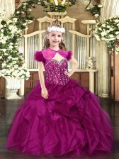 Simple Fuchsia Straps Neckline Beading and Ruffles Kids Formal Wear Sleeveless Lace Up