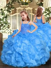 Trendy Organza Straps Sleeveless Zipper Beading and Ruffles Child Pageant Dress in Baby Blue