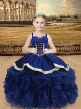 Unique Straps Sleeveless Pageant Dress for Girls Floor Length Beading and Ruffles Blue Organza