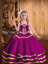 Popular Fuchsia Straps Neckline Embroidery and Ruffled Layers Pageant Gowns For Girls Sleeveless Lace Up