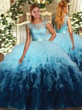  Sleeveless Tulle Floor Length Backless Quince Ball Gowns in Multi-color with Beading and Ruffles