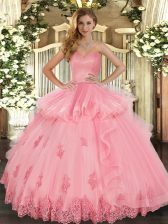 Luxury Watermelon Red Sweetheart Lace Up Beading and Appliques and Ruffles Quinceanera Dress Sleeveless