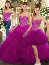 Glorious Fuchsia Lace Up Sweetheart Beading and Ruffles Quince Ball Gowns Organza Sleeveless