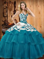  Teal Sleeveless Embroidery Lace Up 15th Birthday Dress