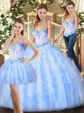  Lavender Three Pieces Organza Sweetheart Sleeveless Beading and Ruffles Floor Length Lace Up Quinceanera Dresses