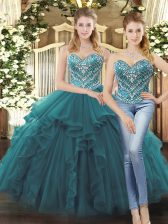 Flare Teal Sleeveless Tulle Lace Up Sweet 16 Dresses for Military Ball and Quinceanera