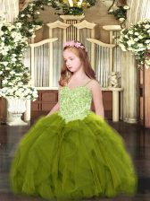  Sleeveless Tulle Floor Length Lace Up Little Girl Pageant Dress in Olive Green with Appliques and Ruffles