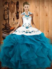 Custom Design Teal Lace Up Quinceanera Dress Embroidery and Ruffles Sleeveless Floor Length