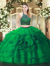 Extravagant Green Two Pieces Beading and Ruffled Layers 15th Birthday Dress Zipper Tulle Sleeveless Floor Length