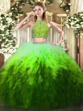 High Quality Two Pieces Quinceanera Dresses Multi-color High-neck Tulle Sleeveless Floor Length Zipper