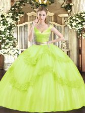  Yellow Green Quince Ball Gowns Military Ball and Sweet 16 and Quinceanera with Beading and Appliques V-neck Sleeveless Zipper