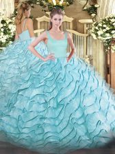 Luxury Aqua Blue Sweet 16 Dress Organza Brush Train Sleeveless Ruffled Layers