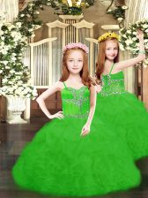  Green Lace Up Child Pageant Dress Beading and Ruffles and Pick Ups Sleeveless Floor Length