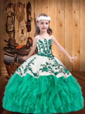 Custom Made Turquoise Sleeveless Floor Length Embroidery and Ruffles Lace Up Pageant Gowns For Girls