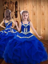 Royal Blue Organza Lace Up Kids Formal Wear Sleeveless Floor Length Embroidery