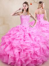  Rose Pink Ball Gowns Organza Sweetheart Sleeveless Beading and Ruffles Floor Length Lace Up Sweet 16 Dresses