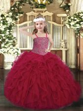  Floor Length Wine Red Pageant Dresses Tulle Sleeveless Beading and Ruffles
