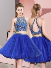 Captivating Mini Length Backless Dama Dress for Quinceanera Royal Blue for Prom and Party and Wedding Party with Beading