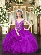 High End V-neck Sleeveless Organza Little Girl Pageant Gowns Beading and Ruffles Lace Up