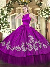 Shining Fuchsia Ball Gowns Scoop Sleeveless Satin and Tulle Floor Length Clasp Handle Embroidery Quinceanera Gown