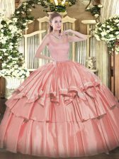 Traditional Taffeta Straps Sleeveless Zipper Beading and Ruffled Layers Ball Gown Prom Dress in Coral Red