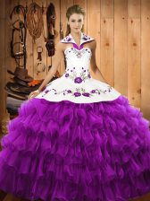  Eggplant Purple Lace Up Halter Top Embroidery and Ruffled Layers Sweet 16 Quinceanera Dress Organza Sleeveless